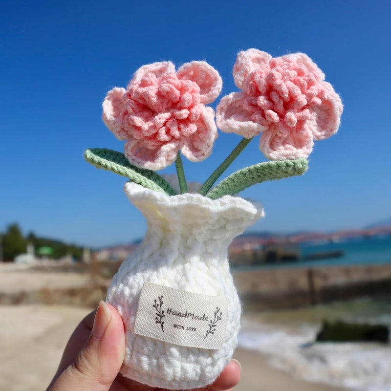 YOOJEE Christmas Crochet Flower Pot Pink Thank You Crochet Gifts for Women Coworker Handmade Knitted Pink Potted Plant for Mom Teacher Birthday Wedding Home Cute Desk Decor for Women Office - Image 3